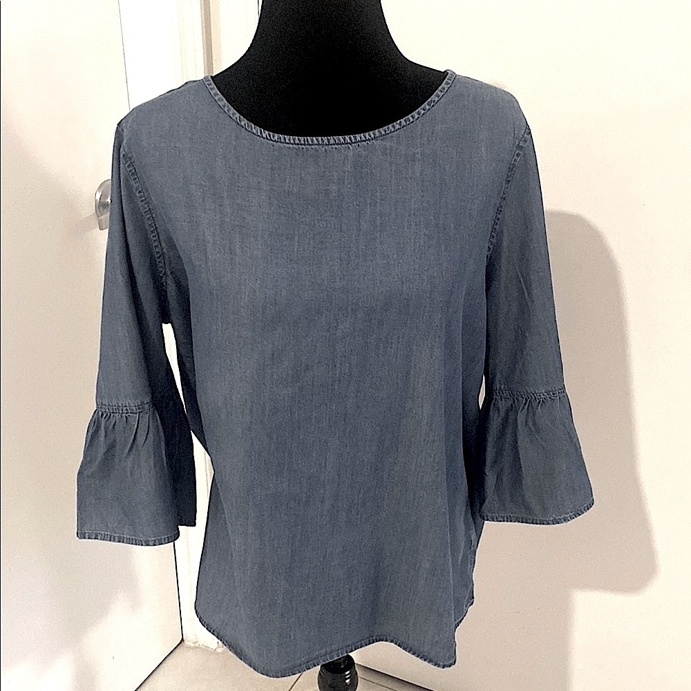 George Blue Denim-Look Bell Sleeve Blouse